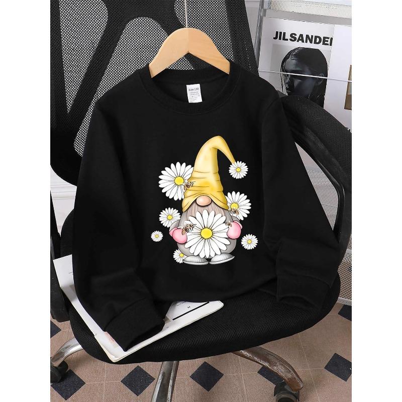 European Sizes Kids' Round-neck Hoodie - Gnome Daisy Bee Hat Garden Spring , Sportswear And Casual Wear, Soft And Comfortable
