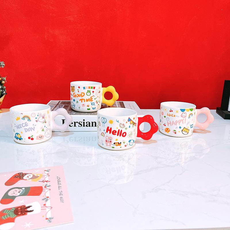 Birthday Souvenir Gift Cute Cartoon Mug Ceramic Cup Flower Handle