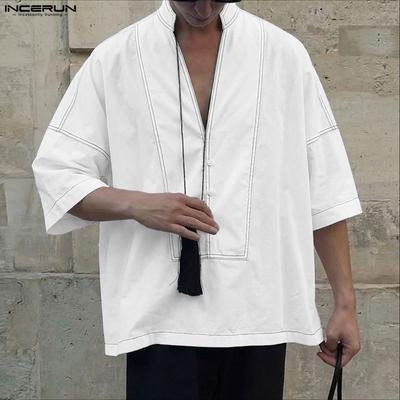 Oversized Summer Men Stand Neck 3/4 Sleeve Casual Baggy Shirts