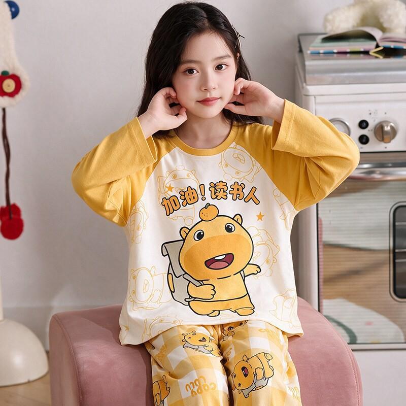 100% Cotton Girls Long Sleeve Pajamas Set Cartoon Print Round Neck Sleepwear Kids 8 Years