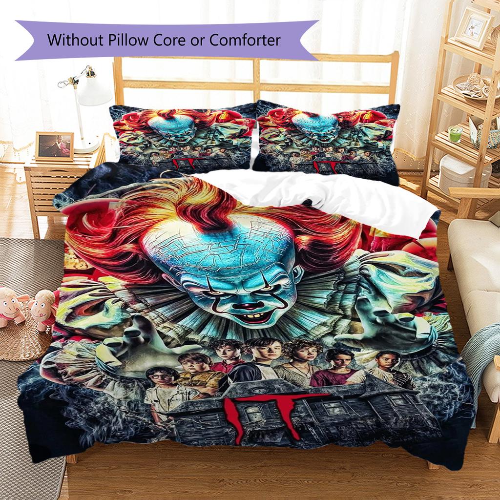 It Clown Horror Pattern Bedding Set Quilt Cover Pillowcase Home Decor Gift (1 * Duvet Cover + 2 * Pillowcase, Without Core)