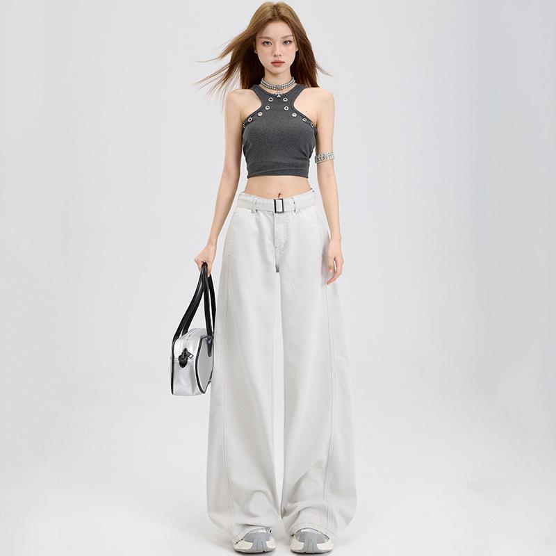 Women's American Loose Jeans: Autumn Belted Design, Slimming Straight-Leg, Wide-Leg Floor-Length Pants