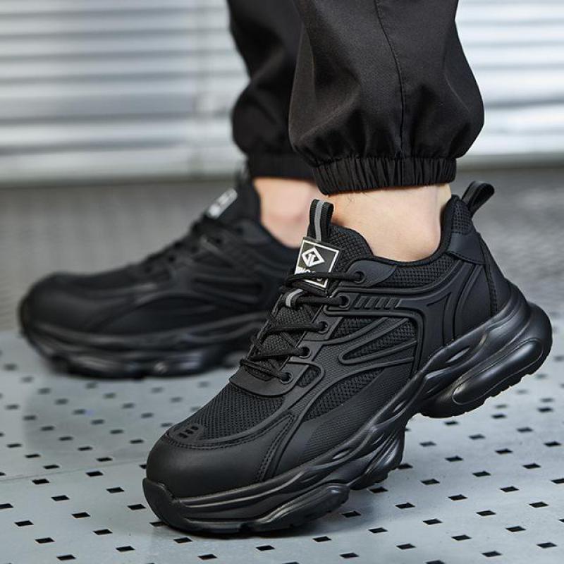 Waterproof Steel Toe Shoes Men's Safety Shoes Anti Compression Anti Puncture Comfortable Protection Pure Black Work Shoes Men