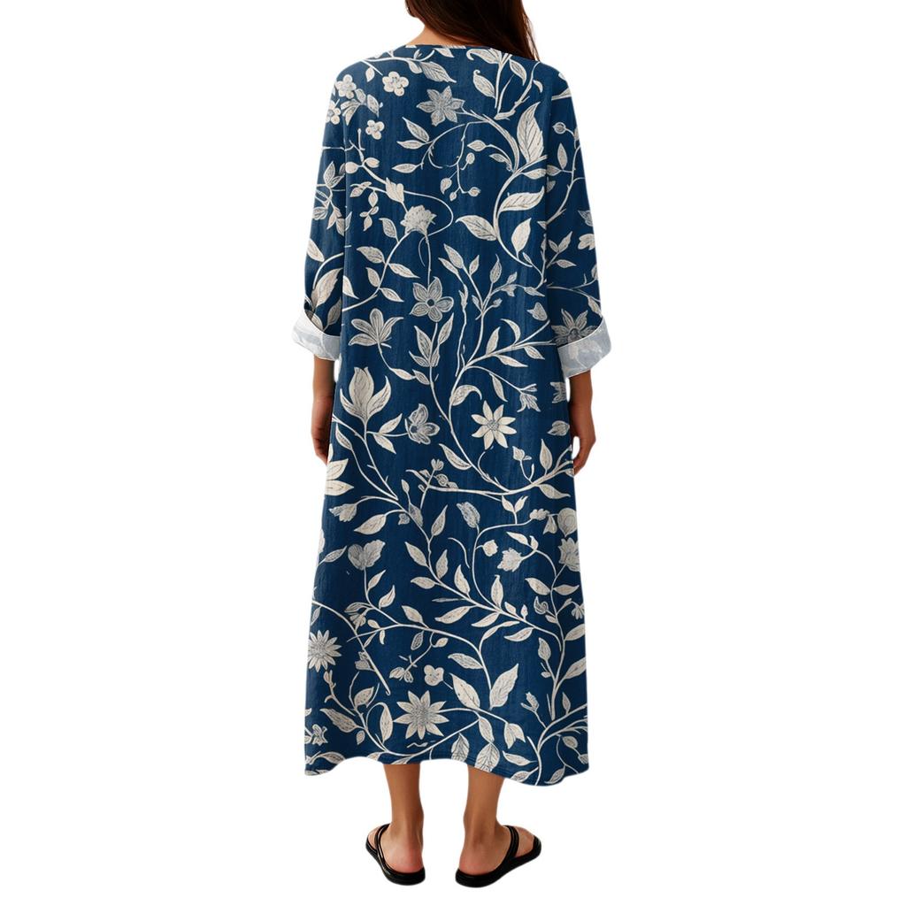 Women's Casual And Fashionable V-Veck Flower Print Long Sleeved Dress Long Sleeved Dress