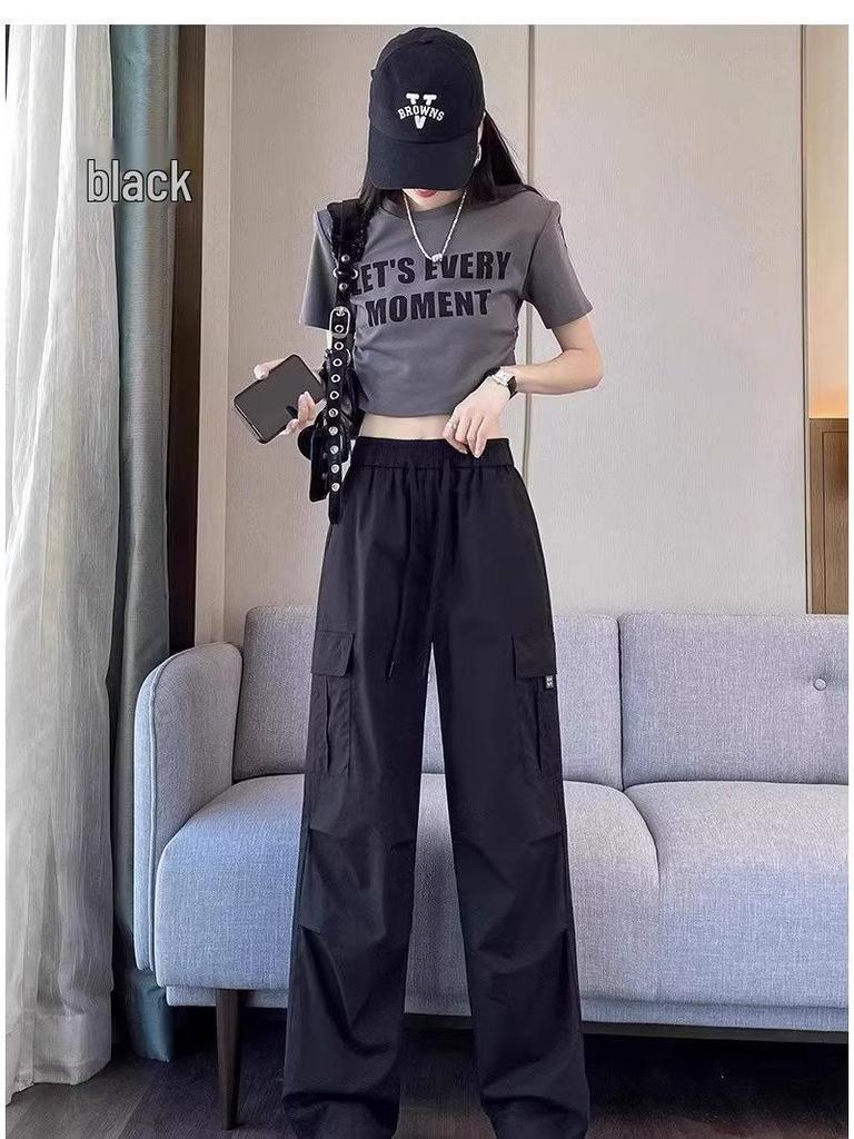 Amerikanische Damen-Cargohose aus schnelltrocknendem, hochgeschnittenem Eisseidenmaterial (Sommer 2024) – atmungsaktiv, dünn, mit Bündchen, lässige Hose mit neun Stichen