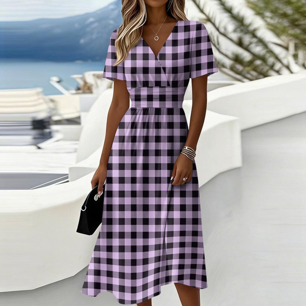 Women’s Gingham Print Casual Midi Dress with Short Sleeves V Neck and Relaxed Fit for Everyday Wear and Comfort
