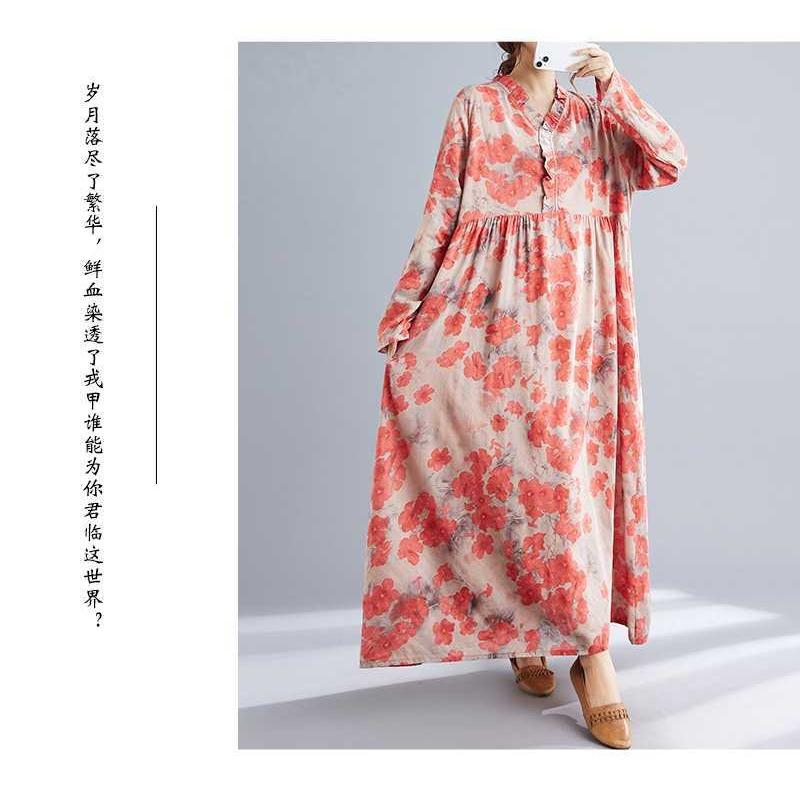 New Retro Printed Loose Belly Shading Mulle Lace Long Sleeve Dresses
