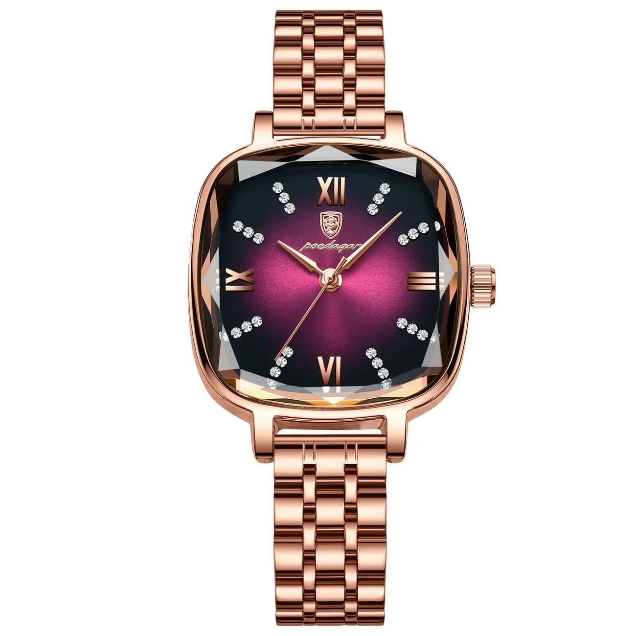 

POEDAGAR High Quality Luxury Women Watch Stainless Steel Square Waterproof Quartz Ladies Wristwatches Dress Elegant Femme Clocks розового золота/фиолетовый