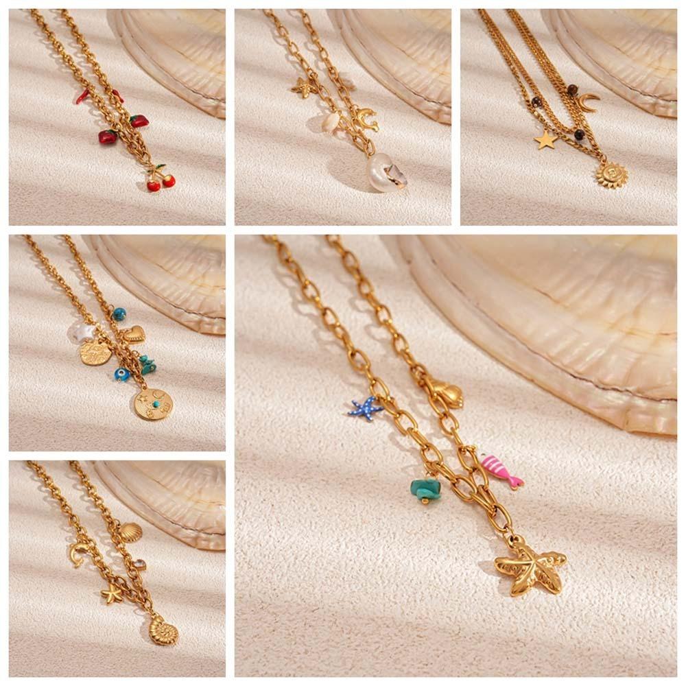 Turquoise Shell Starfish Necklace Titanium Steel Starfish Beach Earrings Women Daily