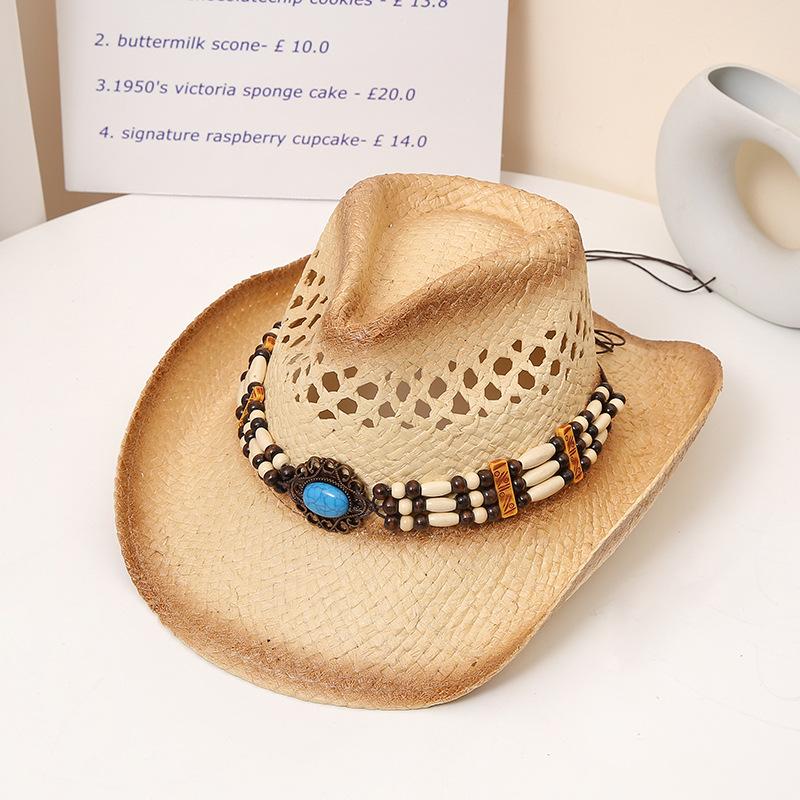 Boho Örgülü Zincirli Kovboy Şapkası Vintage Nefes Alabilir Güneşlik Hasır Şapka Unisex Güneş Şapkaları Seyahat Plaj Şapkası Kadınlar Erkekler İçin