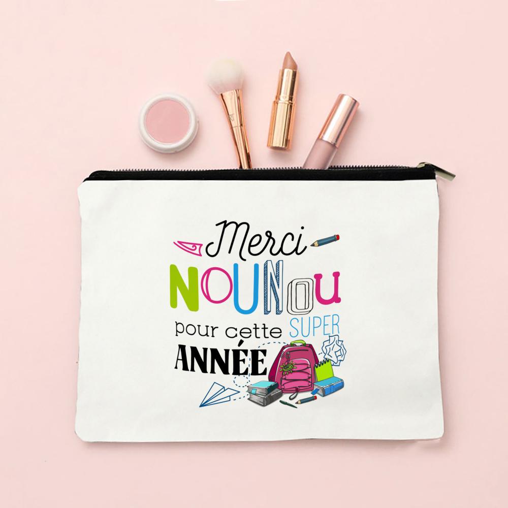 Merci Nounou Print Cosmetic Bag Women Neceser Makeup Bags Canvas Zipper Pouch Travel Toiletries Organizer Thanks Gift for Nounou