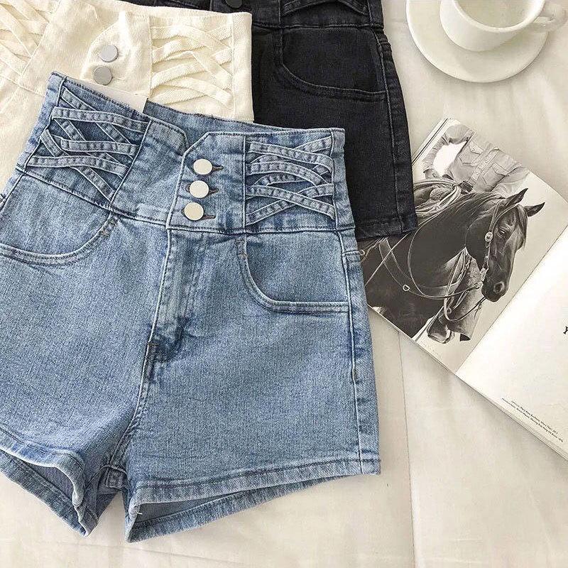 Shorts en jean stretch taille haute pour femme - Fermeture boutonnée Coupe ajustée Jambe droite Pantalon d'été Hot Pants