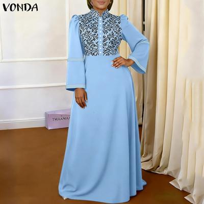 Elegant Women Puff Sleeve Print Patchwork Casual Loose Maxi Dress
