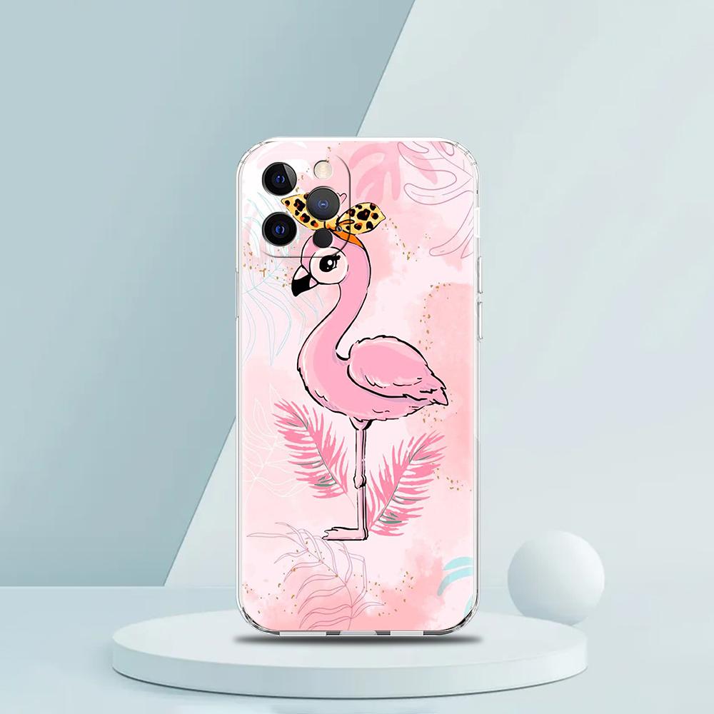 For iPhone 15 16 14 13 12 mini 11 Pro Max XS X XR SE 7 8 Plus Silicone Clear Cover lovely Pink Flamingos leaf Phone Case