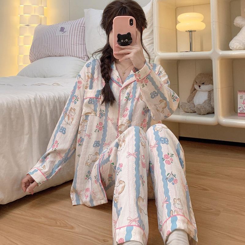 9Night Wear Woman Sexy Sweet Style Cartoon Kitten Long Sleeve Pants Pajamas Clouds Cotton Cardigan Student Loungewear Large Size