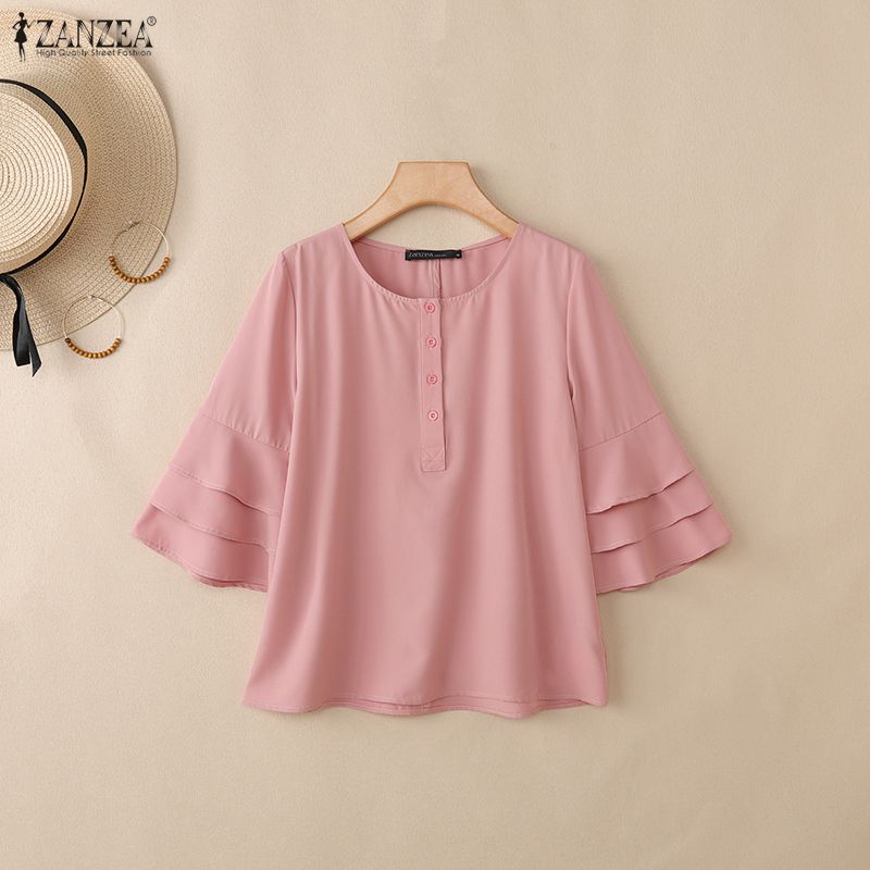 ZANZEA Women Casual Round Neck Solid Color Loose 3/4 Sleeve Blouse