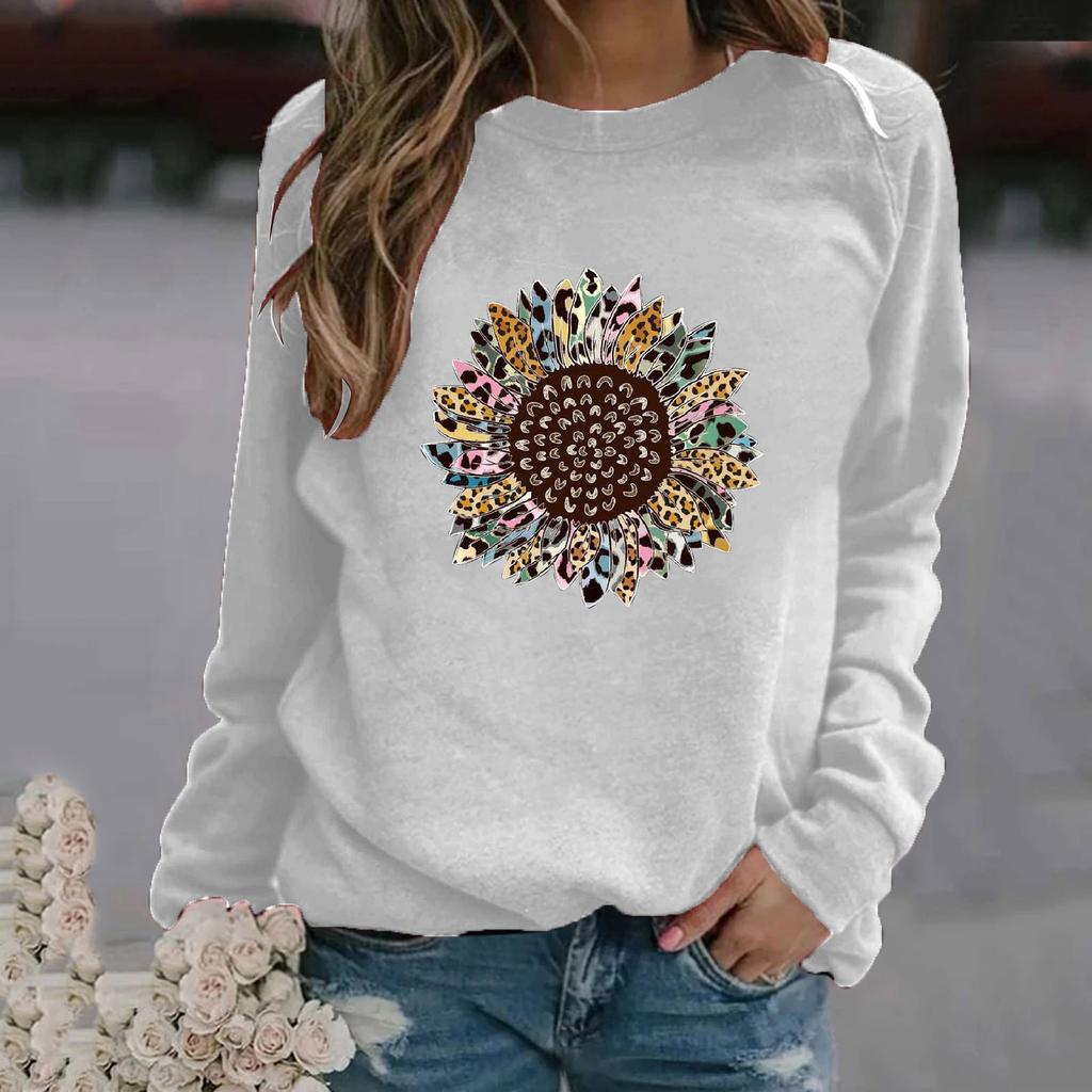 Women's Fashion Casual Print Round Neck Sweater Loose Sports Tops Pullover