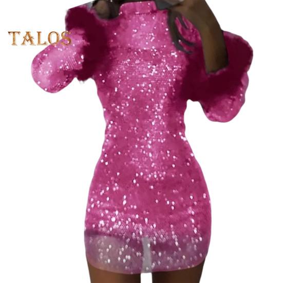 

Женское вечернее платье с пайетками, пушистым декором из искусственного меха, облегающее мини-платье с длинными рукавами, сетчатое платье для выпускного вечера S розовый