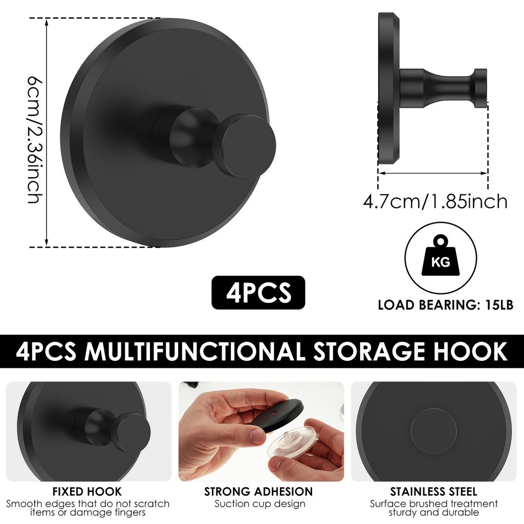 4Pcs Suction Cup Hooks Stainless Steel Bathroom Towel Clothes Holder Wall Mount Kitchen Shower Strong Suction Sucker Hooks