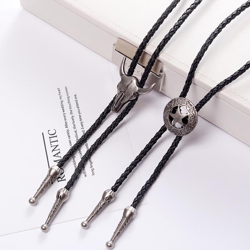 Creative Bullhead Leather Cord Tie Necklace - Retro European and American Design