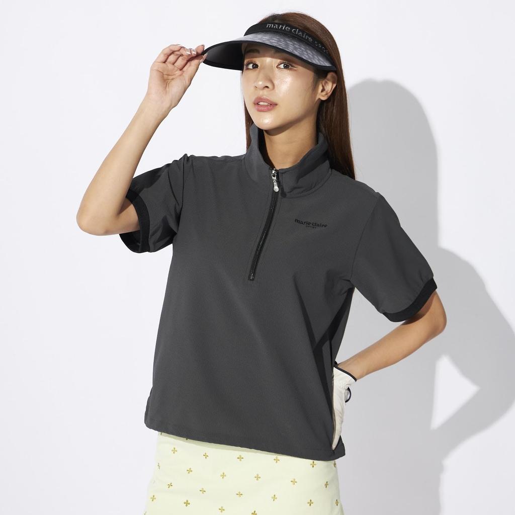 Marie Claire Soccer UV Dry 715661 Women's Half-Zip Short-Sleeve Shirt, Fabric, Protection, Fit, Black,