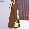 ZANZEA Women Casual Turn Down Collar Loose Short Sleeve Drawstring Dress