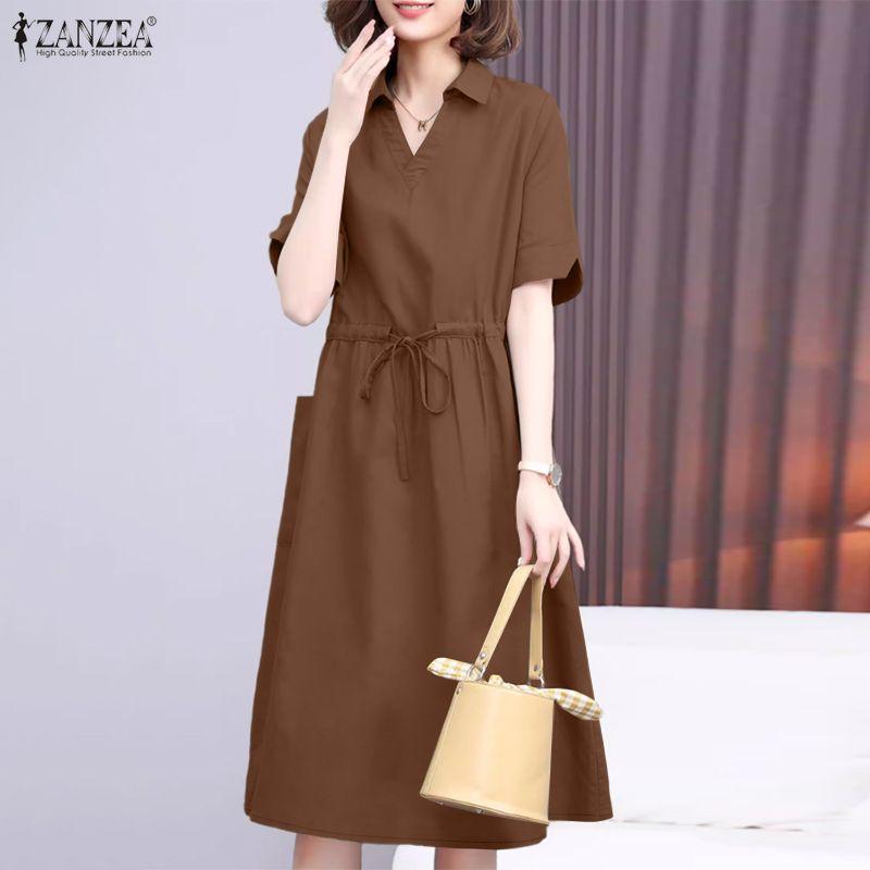 ZANZEA Women Casual Turn Down Collar Loose Short Sleeve Drawstring Dress