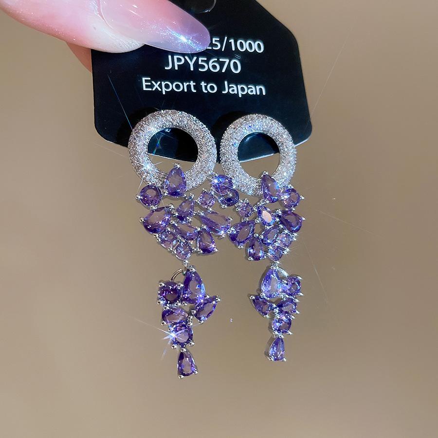 Silver needle super sphalerite zircon geometric circle water drop fringed earrings Mori small fresh stud earrings