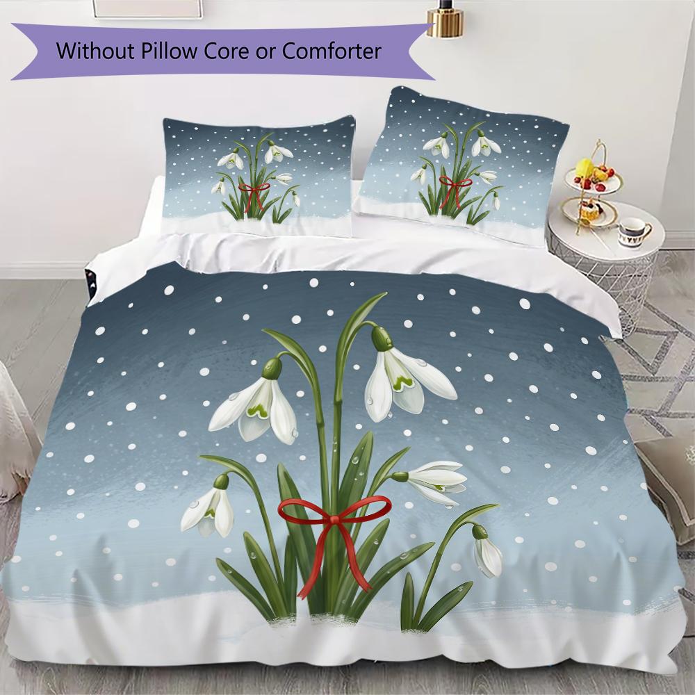 White Snowdrop Floral Pattern Bedding uilt Set uilt Cover Pillowcase Home Decoration Birthday Gift (1 * duvet cover + 2 * pillowcase without core)
