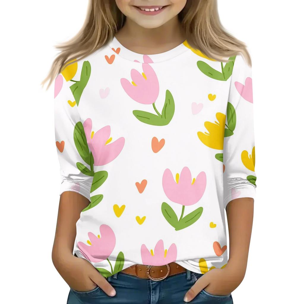 Kid's Round Neck Cute Flower Day Print Lightweight Spring/Summer Top