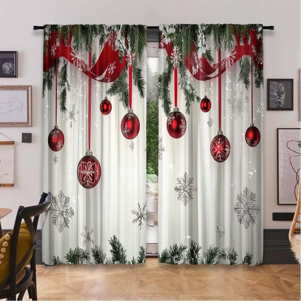 Flat Printing Christmas Hot Party Curtains Ball Red Ribbon Pine Branch Digital Printed Polyester Drapes Non Set Of 2 Made