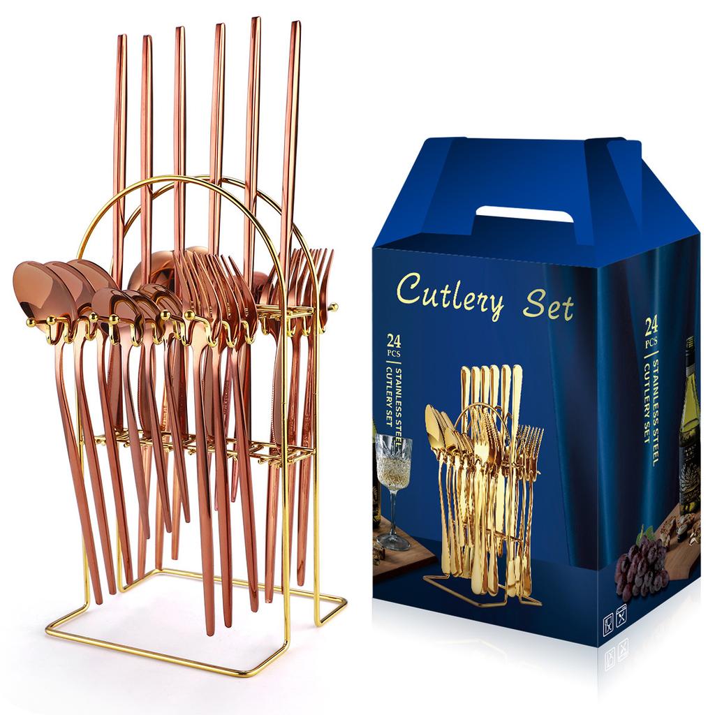 Stainless Steel Tableware Set with 24 Knives Forks and Spoons Home Storage Rack for Western Style Steak