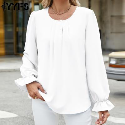 Camicette e camicie con scollo a maniche lunghe con stampa tinta unita primavera autunno moda casual da donna