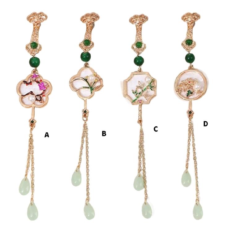 Four Gentleman Flowers Themed Ornamental Pin Secure Back Closure Traditional Asian Inspired Jewelry Accessory For Ladies