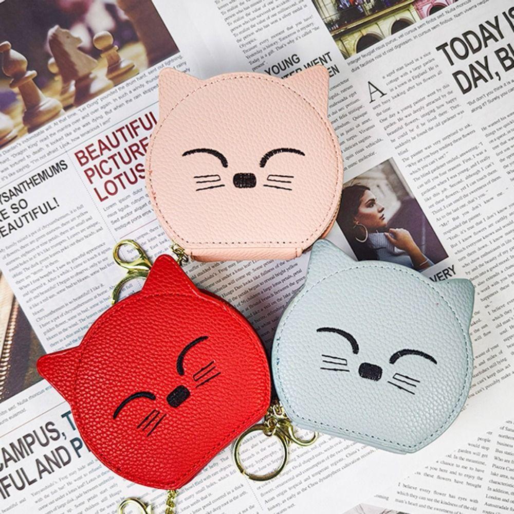 With Makeup Mirror Pu Cosmetic Bag Keychain Mini Storage Bag Portable Cat Shape Makeup Bag Student
