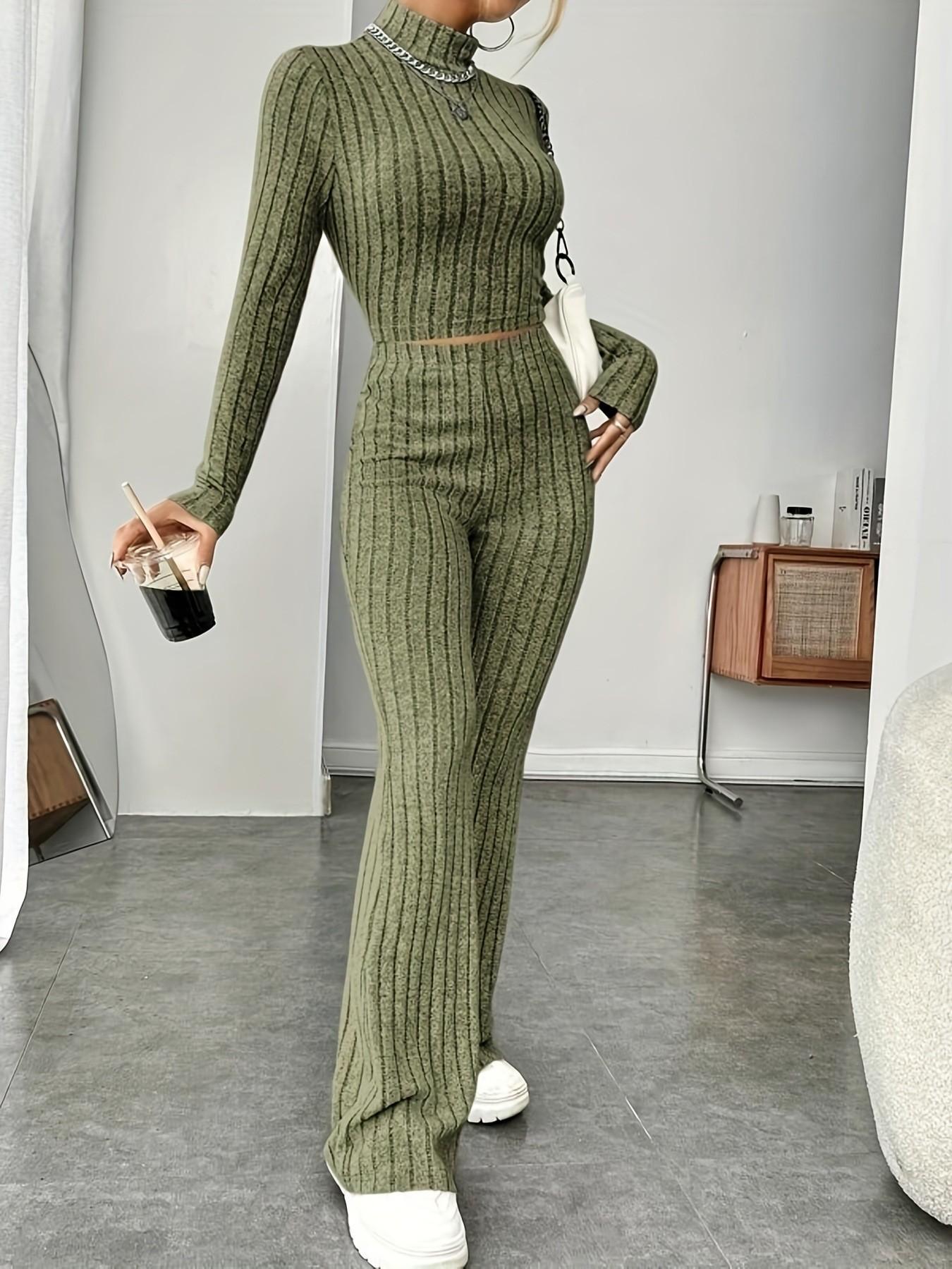 

2026 Spring Women s Fashion Knitted Long Sleeve High Collar Set Sexy Waist Hoodie Loose Long Sleeve Long Pants Two Piece Set S армия зеленый