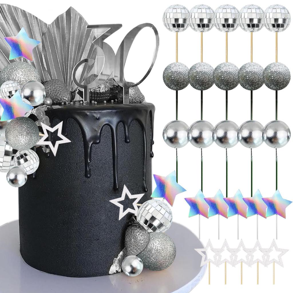 Discokugel Kuchenaufsatz Dancing Queen Kuchenaufsatz Silberne Kuchenkugeln mit Sternen für Partyzubehör mit 70er-Jahre-Thema