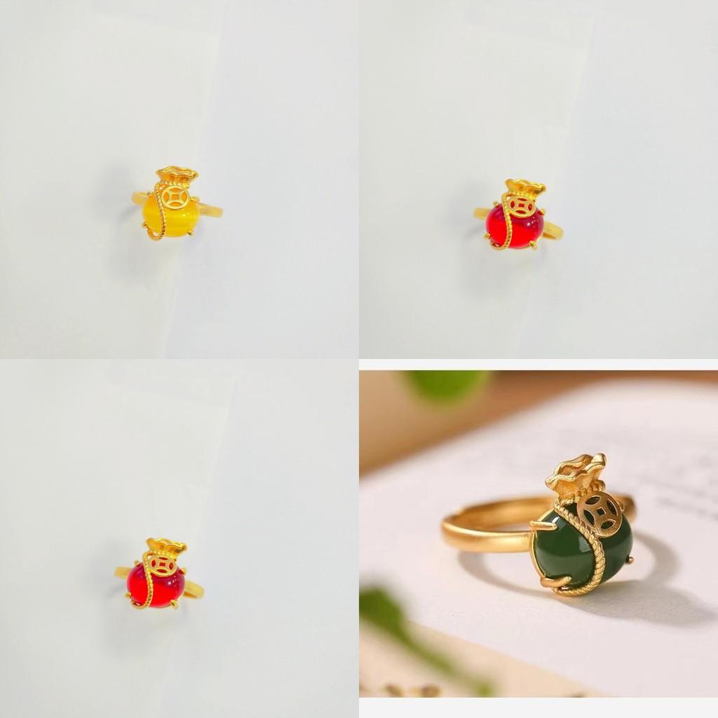 Vietnamese Gold Coin Pouch Ring Elegant Adjustable Brass Ring With Geometric Design