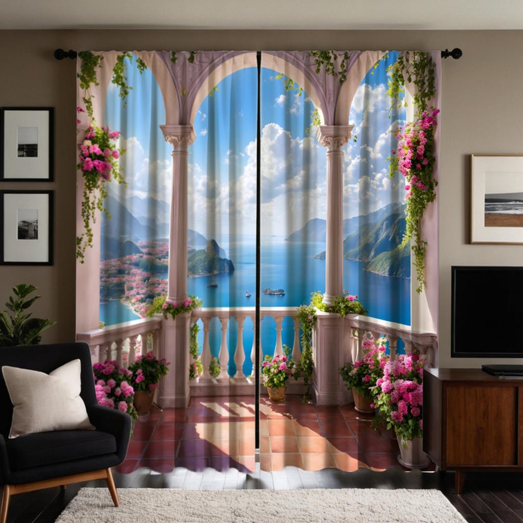 2 st höga Qing sjöpaviljong Blå himmel blomlandskap dekoration gardin Blå digitaltryckt gardin Hemdekoration st