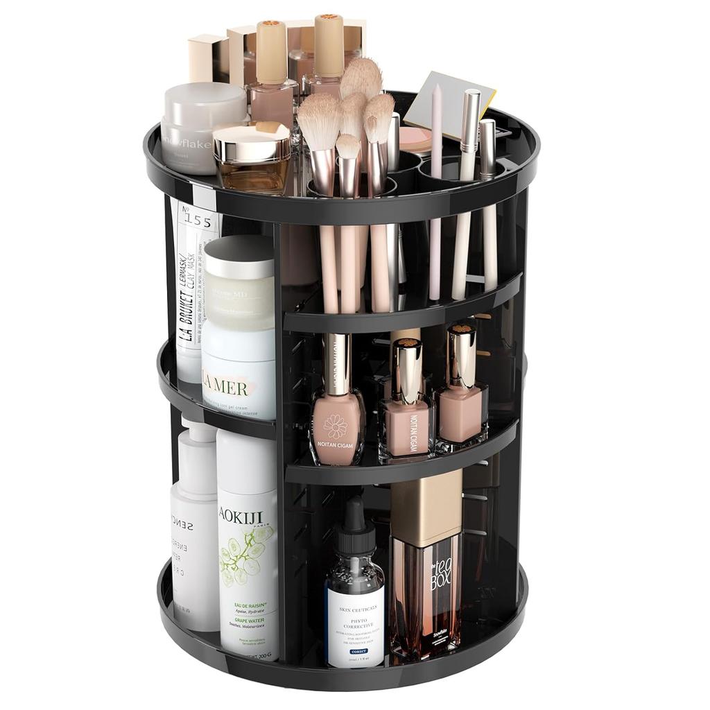 Rotating Makeup Organizer, Adjustable Layers Spinning Skincare Organizer, Cosmetic Display Case with Brush Holder Perfume Tray