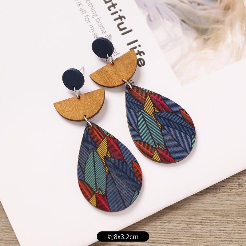 Bohemian Wood Stud Earrings Niche Design Geometric Stripe Print Earrings Femininity Personality Earrings