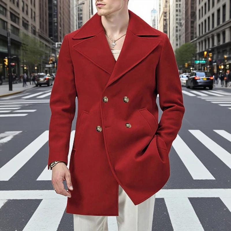 England Style Men's Double-Breasted Coats Autumn Woolen Outerwear Men Vintage Solid Color Turn-Down Collar Long Jacket