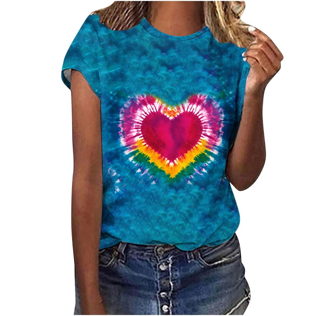Heart Graphic 3D Print Tie Dye T-Shirts Women O-Neck Short Sleeve T Shirt Streetwear Y2k Harajuku Tees Basic Top Female Clothing