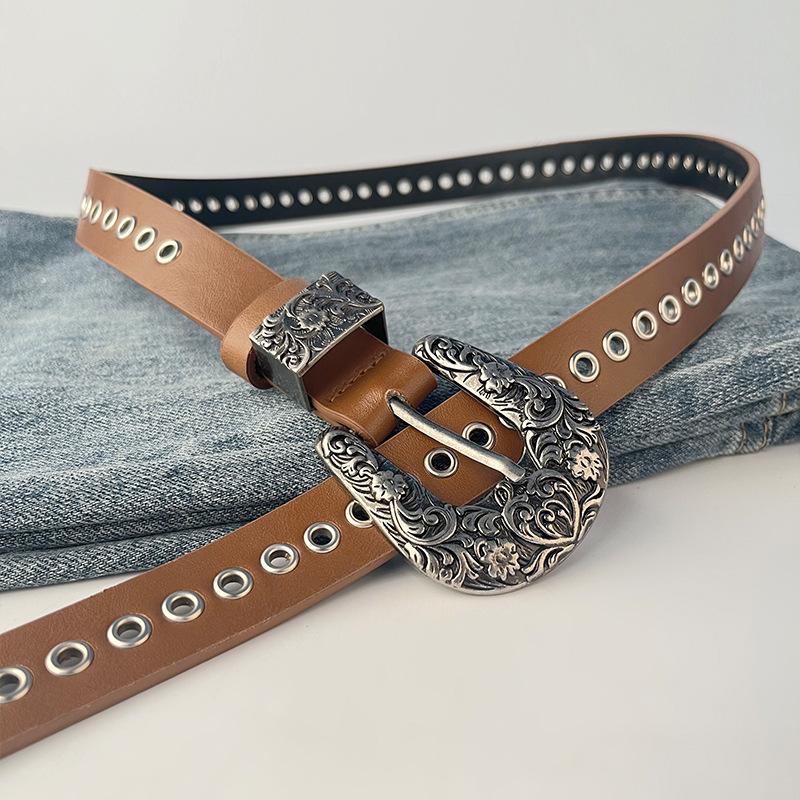 

Ретро заклепки Модный женский ремень Коровья кожа с повседневными брюками Джинсы Женский панк-ремень 105cm