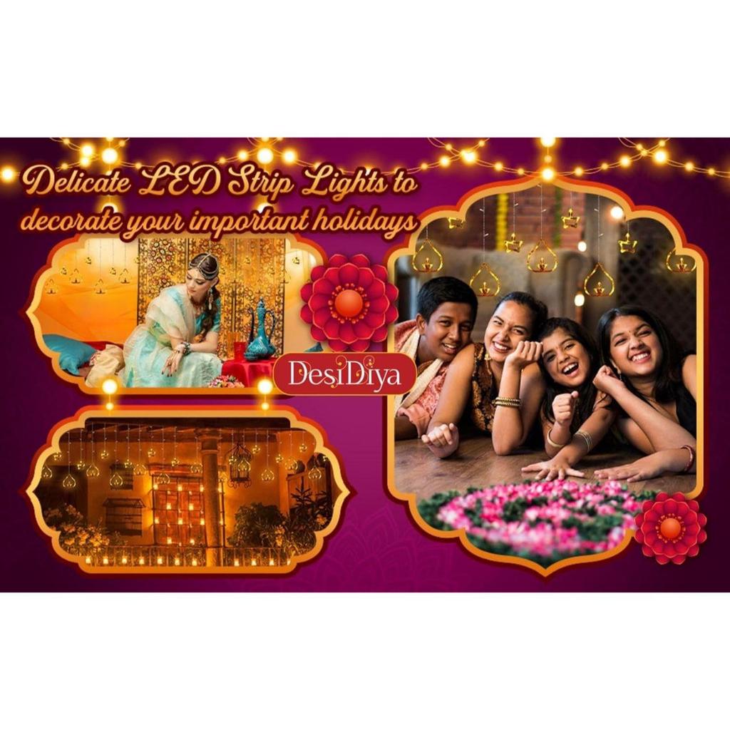 Diya Lights Diwali String Curtain Lights – Warm White Indoor & Outdoor Lights for Home, Wall, Window, Indian Wedding, Garden, Bedroom, Christmas