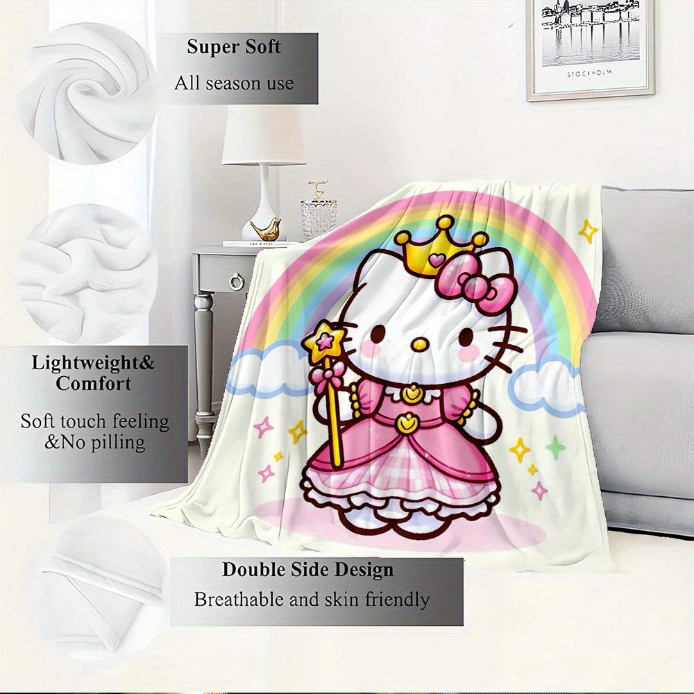For Princess, Rainbow, HelloKittyAnime-Themed Flannel Blanket, Glam Style, Digital Print, All-Season Comfort, Tear-Resistant, Knitted Crafts