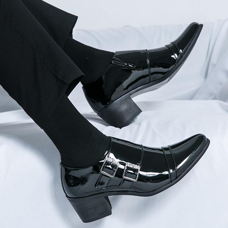 Brand Men Double Buckle Casual Leather Shoes Men's Casual Business Formal Shoes Fashionable High-heeled Versatile Wedding Shoes