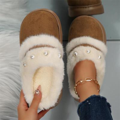 Mode Luxe Décoration Perle Fausse Fourrure Diapositives Femmes Chaudes Peluche Courte Pantoufles d'Intérieur Hiver 2025 Douces Semelle Épaisse Fourrure Mule Pantoufles
