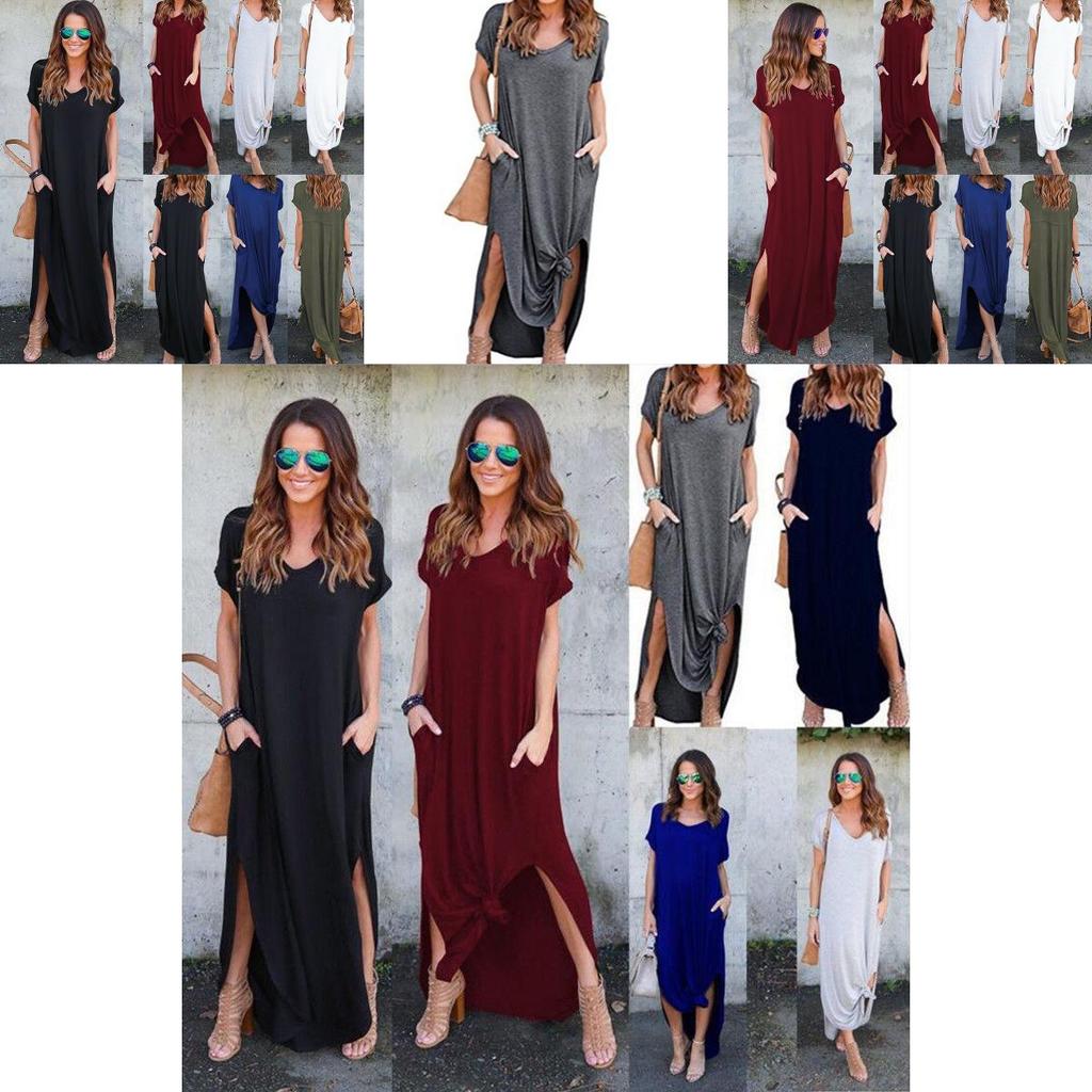 Polyester Vneck Pocket Split Long Dress For Casual Summer Wear