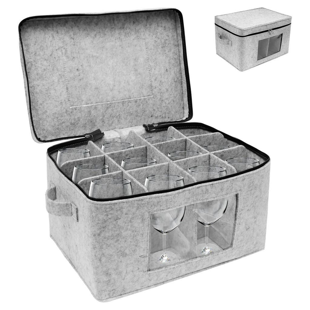 Wine Glass Storage Organizer Stackable Felt Stemware Container with 12 Removable Divider Foldable For Travel Wine Bottle Bag